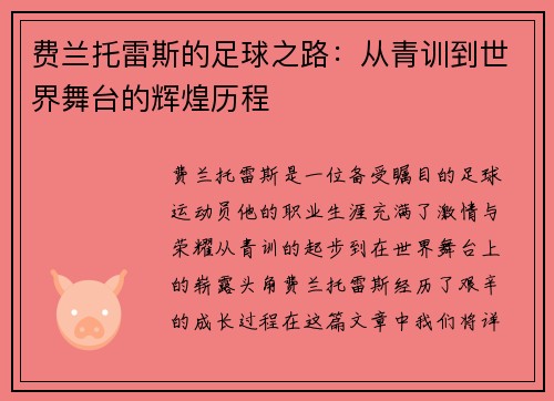 费兰托雷斯的足球之路：从青训到世界舞台的辉煌历程