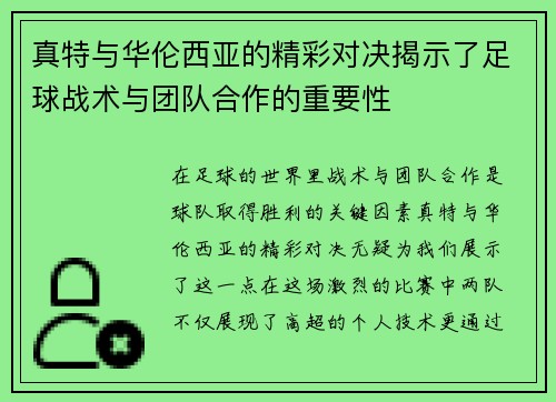 真特与华伦西亚的精彩对决揭示了足球战术与团队合作的重要性